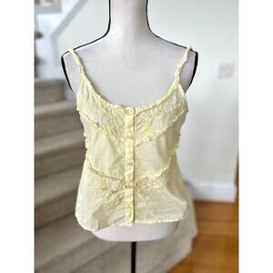 Vintage 90s Yellow Cotton Floral Embroidered Ruffle Button Corset Tank Top